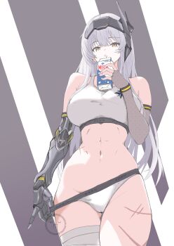 Rule 34 | 1977 oj3, 1girl, abs, absurdres, bandaged leg, bandages, breasts, drink carton, goddess of victory: nikke, hashtag-only commentary, highres, large breasts, long hair, looking at viewer, mechanical arms, milk carton, navel, official alternate design, panties, scar on thighs, single mechanical arm, snow white (heavy arms) (nikke), snow white (nikke), solo, standing, thighs, toned, toned female, underwear, visor (armor), visor lift, white hair, white panties