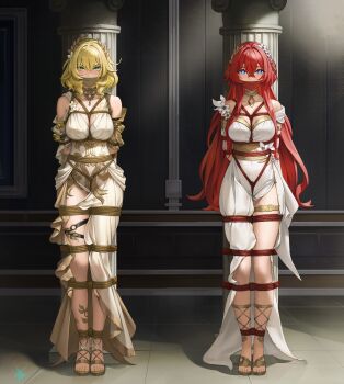 2girls absurdres against_pillar aglaea_(honkai:_star_rail) armlet arms_behind_back bdsm blonde_hair blue_eyes bondage bound bound_legs breasts clothes_gag collarbone commentary commission covered_navel crossed_bangs crotch_rope dress english_commentary flower full_body gag gagged gladiator_sandals gold_armlet gold_thighlet greco-roman_clothes green_eyes hair_between_eyes hair_intakes highres honkai:_star_rail honkai_(series) improvised_gag indoors iqbqlz jewelry large_breasts laurel_crown long_hair looking_at_viewer multiple_girls o-ring o-ring_thigh_strap pillar red_hair restrained rope sandals shadow shibari shibari_over_clothes side_slit standing strapless strapless_dress thigh_strap thighlet tribios_(honkai:_star_rail) v-shaped_eyebrows wavy_hair white_dress white_flower