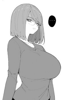 ... 1girl :&lt; absurdres angry bob_cut breasts closed_mouth collarbone desyana_laurentia eyelashes glasses half-closed_eyes highres huge_breasts jewelry long_sleeves looking_at_viewer looking_down medium_hair monochrome necklace norman_maggot original shirt simple_background solo_focus standing swept_bangs upper_body