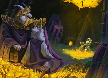 1girl 1other 2boys androgynous animal_ears asgore_dreemurr asriel_dreemurr barefoot beard blonde_hair cape chara_(undertale) closed_eyes facial_hair fang field floppy_ears flower flower_field goat_ears goat_horns green_sweater hashtag-only_commentary highres horns kovrasik looking_at_another multiple_boys open_mouth pawpads picnic_basket playing purple_cape purple_robe robe sitting skin_fang smile striped_clothes striped_sweater sweater toriel undertale utdr_(toby_fox) white_fur