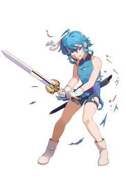 1girl absurdres ahoge arms_up attack bare_legs belt bike_shorts blue_hair boots brooch cherry_blossoms child clenched_teeth commission commissioner_upload damaged earrings fire_emblem fire_emblem:_genealogy_of_the_holy_war gloves headband highres holding holding_sword holding_weapon if_they_mated jewelry larcei_(fire_emblem) nintendo one_eye_closed open_mouth original pelvic_curtain purple_eyes seliph_(fire_emblem) sheath short_hair sidelocks simple_background sleeveless solo sword teeth tomboy torn_clothes tunic weapon white_background white_headband yusi_vishnu