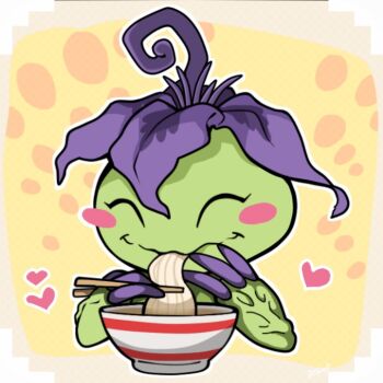 Rule 34 | alraumon, dclaret, digimon, digimon (creature), eating, flower, food, heart, noodles, petals, ramen, sharp teeth, tail, teeth