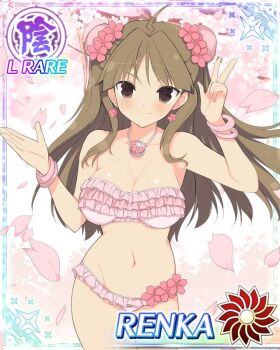 1girl ahoge arms_up bikini border breasts brown_eyes brown_hair bun_cover card_(medium) character_name cherry_blossoms cleavage closed_mouth double_bun earrings falling_petals flower_earrings game_cg groin hair_bun jewelry large_breasts lightning_ahoge long_hair mitsudomoe_(shape) navel necklace official_art parted_bangs petals pink_bikini renka_(senran_kagura) senran_kagura senran_kagura_estival_versus senran_kagura_new_wave solo standing strapless strapless_bikini swimsuit tomoe_(symbol) v yaegashi_nan