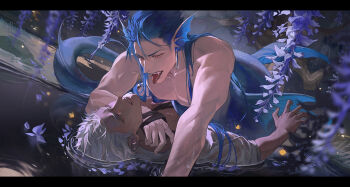 2boys absurdres archer_(fate) blue_flower blue_hair boy_on_top chinese_commentary collarbone commentary_request commission cu_chulainn_(fate) cu_chulainn_(lancer)_(fate) dark-skinned_male dark_skin earrings fate/stay_night fate_(series) feijio_yizhi fins flower head_fins highres jewelry letterboxed lily_pad lying male_focus merman monster_boy multiple_boys on_back parted_lips pectorals petals petals_on_liquid purple_flower red_eyes second-party_source shirt tongue tongue_out topless_male veins veiny_hands watermark weibo_watermark wet wet_clothes wet_shirt white_hair wisteria yaoi