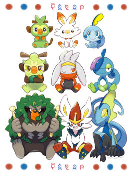 artist_name cinderace drizzile evolutionary_line gen_2_pokemon gen_8_pokemon grookey highres inteleon looking_at_viewer nintendo no_humans one_eye_closed open_mouth pokemon pokemon_(creature) raboot rillaboom scorbunny simple_background sitting sobble starter_pokemon_trio thwackey unown unownglyphics user_wuxd3433 watermark