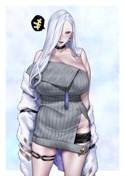 1girl bare_shoulders black_shorts blue_lips breasts choker collarbone commentary_request dress earrings eyeliner f.w.zholic fate/grand_order fate_(series) grey_dress hair_over_one_eye highres hoop_earrings huge_breasts jacket jewelry long_hair long_sleeves looking_at_viewer makeup mature_female micro_shorts mrs._snake_(fate) off_shoulder open_mouth shorts smile solo sweater sweater_dress tassel thighs white_hair white_jacket yellow_eyes