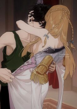 1boy 1girl absurdres arms_around_neck black_hair blonde_hair braid breasts collarbone dress epaulettes gundam gundam_wing half_up_braid heero_yuy hetero highres hug indoors long_hair looking_at_viewer mashiro_andy protected_link relena_peacecraft short_hair small_breasts tank_top twitter_username white_dress