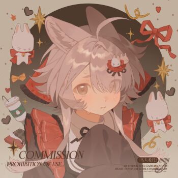 Rule 34 | 1girl, 2others, animal ears, bao rong, bow, brown eyes, candy, chocolate, chocolate bar, closed mouth, commission, eyes visible through hair, food, frills, hair ornament, heart, highres, long hair, long sleeves, looking at viewer, mihuashi commission, multiple others, original, portrait, rabbit ears, rabbit girl, red bow, ribbon, sidelocks, solo focus, square, star (symbol), sweatdrop, watermark, yellow ribbon