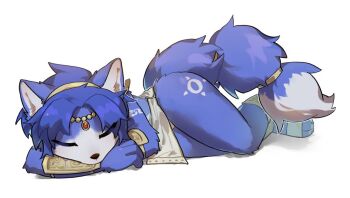 animal_ears blue_fur blue_hair fox fox_ears fox_girl fox_tail furry furry_female gauntlets jewelry krystal loincloth nintendo pruh sandals sleeping star_fox star_fox_adventures tail thighs tribal