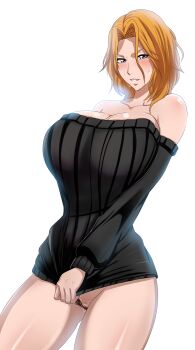 1girl absurdres alternate_hair_length alternate_hairstyle bare_legs bare_shoulders barely_clothed bleach blouse blue_eyes breasts cleavage cleft_of_venus curvy female_focus highres huge_breasts large_breasts looking_at_viewer matsumoto_rangiku mole mole_under_mouth no_bra no_panties no_underwear orange_hair pussy shirt shoulder_length_hair solo sweater the_amazing_gambit uncensored wet