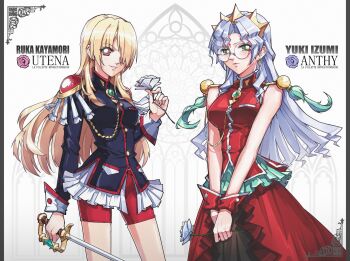 Rule 34 | 2girls, black shirt, blonde hair, brown hair, commentary request, cosplay, dual wielding, epaulettes, eyelashes, flower, glasses, gold tiara, green eyes, hair over one eye, heaven burns red, highres, himemiya anthy, holding, holding flower, holding sword, holding weapon, izumi yuki, kayamori ruka, long hair, looking at viewer, multiple girls, one eye covered, parody, parted lips, rapier, red eyes, red shorts, rose, sail 678, shirt, shorts, shoujo kakumei utena, smile, style parody, sword, tenjou utena, tenjou utena (cosplay), very long hair, weapon, white flower, white hair, white rose