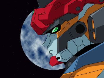 closed_mouth company_connection earth_(planet) gquuuuuux green_eyes gundam gundam_gquuuuuux highres mecha mecha_focus mobile_suit no_humans parody planet reprilo_channel robot science_fiction solo space sunrise_(company) super_robot v-fin yuusha_series