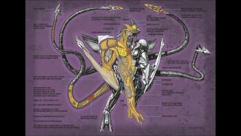 anatomy arm_blade arrow_films arrow_video biceps biology brain chart cross-section daiei_film diagram english_text extra_brains faceplate gamera_(series) gamera_3:_revenge_of_iris giant giant_monster highres hooves iris_(gamera) jolyon_yates kaiju liver lung monster muscular nephridium official_art one-eyed organs pectorals purple_background science science_fiction simple_background tentacles tragus weapon x-ray
