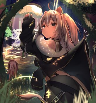 1girl absurdres ahoge animal_ears black_nails branch commentary_request from_behind frown fur-trimmed_jacket fur_trim gazelle grass grey_eyes grey_hair hair_between_eyes highres hololive inaba_teitoku jacket lion_ears lion_girl lion_tail long_hair long_sleeves looking_at_viewer looking_back nail_polish shishiro_botan shishiro_botan_(1st_costume) sleeves_past_wrists solo tail two_side_up upper_body virtual_youtuber