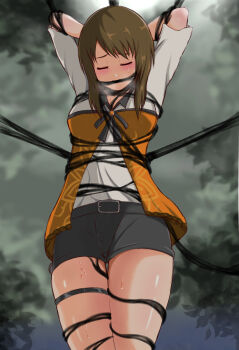 1girl arms_behind_head bdsm belt black_ribbon blush bondage bound bound_arms brown_hair fatal_frame fatal_frame:_maiden_of_black_water gag gem highres kozukata_yuuri leaf restrained ribbon shirt short_shorts shorts solo squeezing sweat thigh_strap thighs tokiburo white_shirt