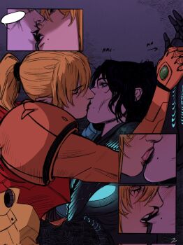 2girls arm_up arms_up black_hair black_lips blonde_hair blue_eyes blush dark_samus french_kiss helmet highres holding_hands kiss lip_biting lipstick lipstick_smear makeup metroid metroid_prime_3:_corruption mole mole_under_mouth multiple_girls nintendo ponytail samus_aran scubaby selfcest tongue unworn_headwear unworn_helmet yuri