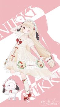 Rule 34 | 1girl, absurdres, alternate headwear, animal costume, animal ear hairband, animal ears, arm warmers, artist name, blonde hair, bow, bow button, bow hairband, bow legwear, bowtie, brown eyes, chinese commentary, choker, cloak, closed mouth, collarbone, commentary request, commission, copyright name, dot nose, dress, dress ribbon, drop shadow, eyelashes, fake animal ears, floral print, food-themed hair ornament, footwear bow, frilled choker, frilled cloak, frilled dress, frilled hairband, frills, full body, hair ornament, hairband, half-heart hands, hand on own head, high heels, highres, hood, hood up, hooded cloak, infinity nikki, lace, lace-trimmed dress, lace arm warmers, lace trim, leg up, leg warmers, light blush, lolita hairband, long hair, looking at viewer, lop rabbit ears, mary janes, medium dress, miling (xinjinjumin522246537999), momo (nikki), navel, nikki (series), no socks, official alternate costume, one eye closed, paint splatter, paint splatter on face, pink background, pleated dress, polka dot, polka dot bow, polka dot bowtie, print dress, pumps, rabbit costume, rabbit ear hairband, rabbit ears, red bow, red bowtie, red hairband, red shoes, ribbon, ribbon-trimmed choker, shoes, smile, square neckline, strawberry hair ornament, sweet waltz (infinity nikki), tailcoat, tareme, two-tone background, upper body, white arm warmers, white background, white choker, white cloak, white dress, white hairband, white leg warmers, white ribbon, wrist bow