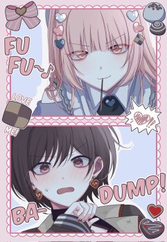 Rule 34 | 1girl, 1other, akiyama mizuki, blunt bangs, blush, border, bow, brown eyes, brown hair, candy, chocolate, chocolate heart, closed mouth, collared shirt, colorful festival (project sekai), commentary, earrings, eyes visible through hair, food, food in mouth, hair down, hair ornament, hand up, heart, heart-shaped food, heart earrings, heart hair ornament, highres, jewelry, long sleeves, looking at viewer, miyotastic, nail polish, nervous sweating, official alternate costume, official alternate hairstyle, open mouth, other with female, outline, pink border, pink eyes, pink hair, pocky, pocky in mouth, project sekai, shinonome ena, shirt, short hair, smile, sweat, take the best shot! (project sekai), upper body, white outline