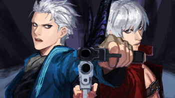 2boys absurdres aiming black_gloves black_vest blue_coat brothers brown_gloves coat dante_(devil_may_cry) dark_background devil_may_cry devil_may_cry_(series) devil_may_cry_3 ebony_&amp;_ivory fingerless_gloves gloves grey_eyes gun hair_slicked_back handgun highres jacket leone_0096 male_chest multiple_boys red_jacket siblings sword sword_on_back twins vergil_(devil_may_cry) vest weapon weapon_on_back white_hair