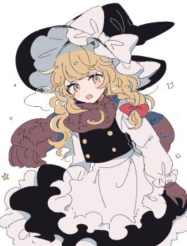 1girl apron black_hat black_skirt black_vest blonde_hair blush_stickers bow breath brown_gloves brown_scarf commentary frilled_skirt frills gloves hair_bow hat hat_bow kirisame_marisa long_hair long_sleeves looking_at_viewer mozukuzu_(manukedori) oekaki open_mouth red_bow scarf shirt simple_background skirt solo star_(symbol) touhou vest waist_apron white_apron white_background white_bow white_shirt witch_hat yellow_eyes