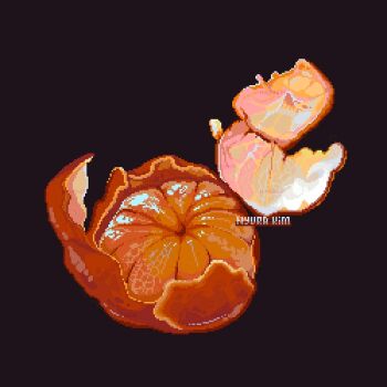 Rule 34 | artist name, food, fruit, fruit focus, no humans, nyura kim, orange (fruit), orange peel, original, pixel art, purple background
