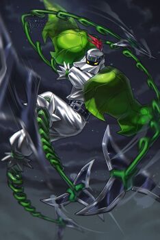 confeito000_333 digimon digimon_(creature) full_body midair night ninja pants plant shirt shuriken shurimon solo vines weapon white_pants white_shirt yellow_eyes