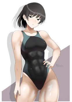 1girl abs absurdres amagami black_eyes black_hair black_one-piece_swimsuit blue_one-piece_swimsuit breasts collarbone commentary_request competition_swimsuit covered_abs cowboy_shot gluteal_fold grey_background groin gyuunyuu_pack_(tanaka) hand_on_own_hip highleg highleg_one-piece_swimsuit highres looking_at_viewer medium_breasts one-piece_swimsuit signature solo swimsuit tsukahara_hibiki two-tone_background two-tone_one-piece_swimsuit wet white_background