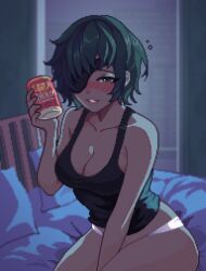 Rule 34 | 1girl, absurdres, bed, beer can, blush, breasts, can, chainsaw man, cleavage, drink can, drunk, eyepatch, green eyes, green hair, highres, himeno (chainsaw man), holding, holding can, no pants, panties, parted lips, pixel art, short hair, sitting, solo, tank top, underwear, yumykon