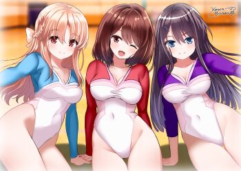absurdres athletic_leotard black_hair blonde_hair blue_eyes braid brown_eyes brown_hair commentary_request commission covered_navel cowboy_shot curvy girlfriend_(kari) half_up_braid highleg highleg_leotard highres himura_moritaka kamijou_rui_(gf_kari) leotard long_hair long_sleeves multicolored_leotard one_eye_closed pixiv_commission red_eyes sasahara_nonoka shiina_kokomi short_hair sitting