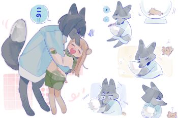 2girls :3 :d ? ^_^ animal_ears animalization black_bow black_hair blue_cardigan blunt_bangs blunt_ends bob_cut bow brown_hair brushing_tail cardigan closed_eyes closed_mouth colored_speech_bubble commentary_request eighth_note fox_ears fox_girl fox_tail furrification furry furry_female green_eyes hair_bow hamster hamster_ears hamster_girl highres hood hoodie hug kachimachi_kosuzu kachimachi_kosuzu_(summer_loungewear) link!_like!_love_live! long_hair long_sleeves looking_at_another love_live! momose_ginko momose_ginko_(summer_loungewear) multiple_girls multiple_views musical_note neckerchief open_mouth pipi_(m1x_mix) quarter_note short_hair side_ahoge simple_background smile speech_bubble spoken_musical_note squiggle tail virtual_youtuber white_background winter_uniform yellow_hoodie yellow_neckerchief