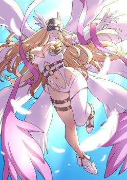 1girl angel angewomon bare_shoulders belt blonde_hair bodysuit boobplate breastplate breasts cleavage clothing_cutout covered_eyes digimon digimon_(creature) feathers full_body helmet helmet_over_eyes highres large_breasts navel o-ring shouji_nigou solo stomach_cutout strapless_bodysuit white_bodysuit white_feathers white_wings winged_helmet wings