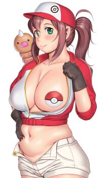 1girl baseball_cap belly_grab belt black_gloves breasts brown_hair closed_mouth collarbone commentary_request cowboy_shot crop_top female_protagonist_(pokemon_go) gen_1_pokemon gloves green_eyes hair_between_eyes hand_on_own_hip hand_up hat highres large_breasts long_hair looking_at_viewer looking_to_the_side muffin_top navel nintendo on_shoulder one_breast_out orizen pasties poke_ball_symbol pokemon pokemon_(creature) pokemon_go pokemon_on_shoulder ponytail short_shorts short_sleeves shorts sidelocks simple_background standing sweatdrop unbuttoned weedle white_background white_shorts