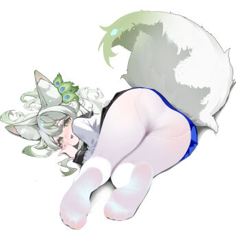 1girl absurdres animal_ear_fluff animal_ears ass ass_focus black_skirt blue_skirt commission covered_pussy green_eyes green_hair highres legs loli long_hair long_sleeves lying multicolored_skirt negiwolf no_panties no_shoes open_mouth original pantyhose see-through_clothes see-through_legwear shenmi_de_xigua shirt simple_background skirt soles tail thighs toes two-tone_skirt white_background white_pantyhose white_shirt wolf_ears wolf_girl wolf_tail