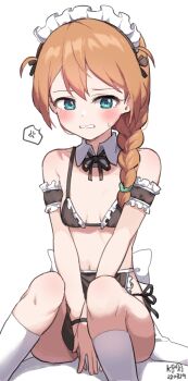 1girl anger_vein apron aqua_eyes arm_strap baba_konomi back_bow between_legs bikini black_bikini black_ribbon blush bow braid breasts brown_hair clenched_teeth covering_crotch covering_privates detached_collar embarrassed frilled_bikini frills hair_between_eyes hand_between_legs highres idolmaster idolmaster_million_live! looking_to_the_side maid maid_apron maid_bikini maid_headdress medium_hair midriff myeolchi navel on_floor ribbon sideways_glance simple_background sitting small_breasts socks solo speech_bubble string_bikini sweat swimsuit teeth unconventional_maid v_arms white_background white_bow white_socks wristband