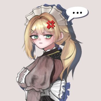 Rule 34 | ..., 1girl, anger vein, annoyed, black dress, blonde hair, breasts, dress, from side, frown, girls' frontline, girls' frontline 2: exilium, green eyes, hair between eyes, hair ornament, hairclip, long hair, looking at viewer, looking back, maid headdress, medium breasts, ponytail, sextans (girls' frontline 2), solo, upper body, y miho