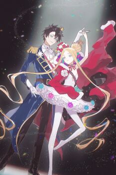 1boy 1girl abigail_williams_(fate) abigail_williams_(santa)_(fate) absurdres aiguillette arm_up belt black_background black_hair black_pants black_sash black_shoes blonde_hair blue_eyes blue_flower blue_jacket bow bowtie brown_belt buttons cleavage_cutout closed_mouth clothing_cutout commentary_request confetti crown double_bun dress elaine-didaea epaulettes fate/grand_order fate_(series) floating_clothes flower flower_ornament fujimaru_ritsuka_(male) fujimaru_ritsuka_(male)_(halloween_royalty) full_body fur-trimmed_hood fur-trimmed_sleeves fur_trim gloves hair_between_eyes hair_bow hair_bun heart_ornament highres holding_hands hood hooded_jacket jacket long_hair long_sleeves looking_at_another mini_crown no_shoes official_alternate_costume open_clothes open_jacket pale_skin pants pantyhose pink_flower pointed_crown polka_dot polka_dot_bow red_bow red_bowtie red_jacket sash shirt shoes short_hair single_bare_shoulder sleeveless sleeveless_dress smile sparkle stage_lights standing standing_on_one_leg strapless strapless_dress striped_bow striped_bowtie striped_clothes tiara twintails very_long_hair wavy_hair white_bow white_bowtie white_dress white_flower white_gloves white_pantyhose white_shirt