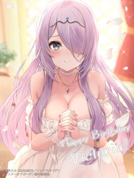 1girl artist_request blue_eyes blurry blurry_background blush breasts choker collar commentary_request dress feet_out_of_frame hair_over_one_eye happy_birthday highres indoors jewelry kage_no_jitsuryokusha_ni_naritakute! kage_no_jitsuryokusha_ni_naritakute!_master_of_garden large_breasts long_hair long_sleeves looking_at_viewer official_alternate_costume official_art purple_hair smile solo standing victoria_(kagejitsu) wedding_dress white_choker