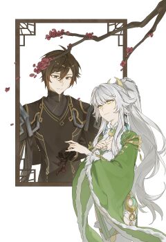 Rule 34 | 1boy, 1girl, absurdres, braid, brown hair, changpao, cherry, china dress, chinese clothes, chinese commentary, commentary request, crescent, crescent hair ornament, dress, eyeliner, eyeshadow, food, fruit, fur-trimmed collar, fur trim, genshin impact, hair between eyes, hair ornament, hand on own chest, high ponytail, highres, jewelry, long hair, long sleeves, makeup, mandarin collar, official alternate costume, ponytail, red eyeshadow, smile, white dress, white hair, yellow eyes, zhongli (genshin impact), zhongli (lantern rite) (genshin impact), zhushuiganshi, zibai (genshin impact)