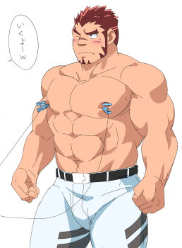 1boy abs akashi_(live_a_hero) arms_at_sides bara blush facial_hair goatee highres large_pectorals live_a_hero long_sideburns male_focus muscular muscular_male navel nipples one_eye_closed pectorals red_eyes red_hair ruizu_(takakisan503) scar scar_on_face scar_on_nose short_hair sideburns solo strongman_waist thick_eyebrows topless_male translation_request wire