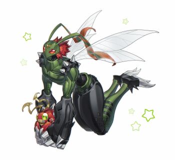 Rule 34 | 1boy, bug, confeito000 333, digimon, digimon (creature), full body, green eyes, highres, insect wings, male focus, red eyes, simple background, stingmon, tentomon, white background, wings