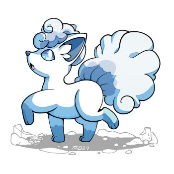 alolan_form alolan_vulpix blue_eyes full_body gen_7_pokemon mistray-art nintendo no_humans open_mouth pokemon pokemon_(creature) signature simple_background solo white_background white_fur