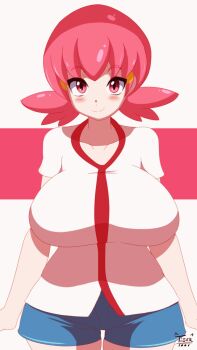 1girl :d animated animated_gif blue_shorts blush breasts breath clothes_lift eyelashes gym_leader hair_ornament hairclip hands_up happy highres large_breasts navel nintendo nipples open_clothes open_mouth pink_eyes pink_hair pokemon pokemon_hgss red_shirt shiny_skin shirt shirt_lift short_hair short_shorts short_sleeves shorts smile solo standing tiger1001 twintails white_background white_shirt whitney_(pokemon) wristband