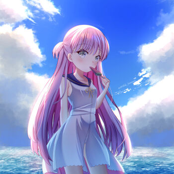 Rule 34 | 1girl, arm behind back, backlighting, blue sailor collar, blue sky, blush, breasts, cloud, collarbone, commentary request, cowboy shot, day, dress, eyelashes, eyes visible through hair, food, grey eyes, hair between eyes, hand up, highres, holding, holding food, holding popsicle, katou umi, long hair, looking at viewer, ocean, one side up, outdoors, panties, panty peek, pink hair, popsicle, ribbon, sailor collar, sailor dress, shiki hamaguri, sky, sleeveless, sleeveless dress, small breasts, solo, straight hair, striped clothes, striped panties, summer pockets, twitter username, underwear, very long hair, watermelon bar, white dress, yellow ribbon