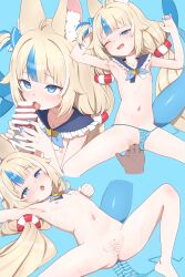 1boy 1girl absurdres animal_ear_fluff animal_ears bar_censor bikini blonde_hair blue_eyes blue_hair blue_nails censored commentary fellatio fingering flat_chest hetero highres indie_virtual_youtuber loli long_hair multicolored_hair navel nipples onion_(tamanegi) oral paid_reward_available penis pussy sameko_saba streaked_hair striped_clothes swimsuit tail twintails