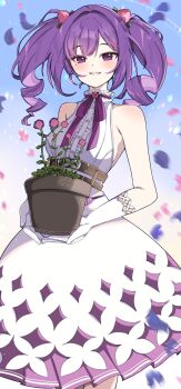 Rule 34 | 1girl, commentary request, cowboy shot, dress, drill hair, flora (nikke), flower, flower pot, gloves, goddess of victory: nikke, grin, highres, holding, holding flower pot, light blush, mole, mole under eye, oi tie, plant, purple dress, purple eyes, purple hair, purple ribbon, ribbon, sleeveless, sleeveless dress, smile, solo, standing, twin drills, white dress, white gloves