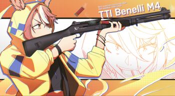Rule 34 | 1girl, ammunition, amoncheeto, animal ears, benelli m4, black shirt, bracelet, brown hair, casing ejection, commentary, dicta striker (umamusume), english commentary, english text, finger on trigger, firing, gun, highres, hood, hooded jacket, horse ears, horse girl, jacket, jewelry, multicolored hair, multiple views, open clothes, open jacket, shell casing, shell in mouth, shirt, shotgun, shotgun shell, streaked hair, taran tactical innovations, two-tone hair, umamusume, upper body, weapon, white hair, yellow jacket