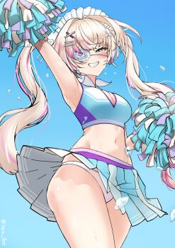 absurdres armpits blonde_hair breasts cheerleader cleavage crop_top eyepatch heiz_illust highres medium_breasts multicolored_hair navel panties phase_connect pink_hair pom_pom_(cheerleading) rinkou_ashelia skirt smile twintails underwear virtual_youtuber