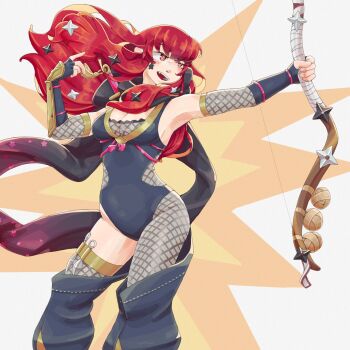1girl black_gloves black_leotard bow_(weapon) breasts cleavage commentary english_commentary fingerless_gloves fire_emblem fire_emblem_engage fire_emblem_heroes fishnet_pantyhose fishnets floating_hair gloves hair_ornament highres holding holding_bow_(weapon) holding_weapon leotard long_hair medium_breasts ninja nintendo occultoctoling official_alternate_costume open_mouth pantyhose red_eyes red_hair single_leg_pantyhose solo star_(symbol) star_hair_ornament teeth upper_teeth_only weapon yunaka_(fire_emblem) yunaka_(stealthy_imitator)_(fire_emblem)