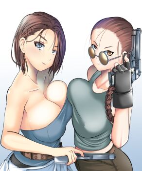2girls absurdres bare_arms bare_shoulders black_gloves blue_background blue_eyes braid breast_press breasts brown-tinted_eyewear brown_hair cleavage closed_mouth clothes_around_waist collarbone crossover finger_on_trigger fingerless_gloves gloves gradient_background gun hair_slicked_back highres jill_valentine lara_croft large_breasts long_hair looking_over_eyewear looking_over_glasses mikado_ryouma miniskirt multiple_girls ponytail resident_evil resident_evil_3:_nemesis round_eyewear short_hair shorts skirt sleeveless smile strapless sunglasses sweater sweater_around_waist symmetrical_docking tank_top tinted_eyewear tomb_raider tube_top upper_body weapon white_background