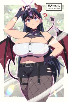 1girl ? arato_nagi belt black_belt black_gloves black_hair black_shorts blue_eyes breasts brown_pantyhose cleavage closed_mouth commentary_request demon_horns demon_tail dusk_stone evolution_stone fake_horns fishnet_pantyhose fishnets gloves hand_on_own_hip highres holding holding_jewelry horns huge_breasts jewelry long_hair midriff navel nintendo pantyhose pantyhose_under_shorts pokemon red_horns ruri_no_houseki shorts solo standing tail yana_(nekoarashi)